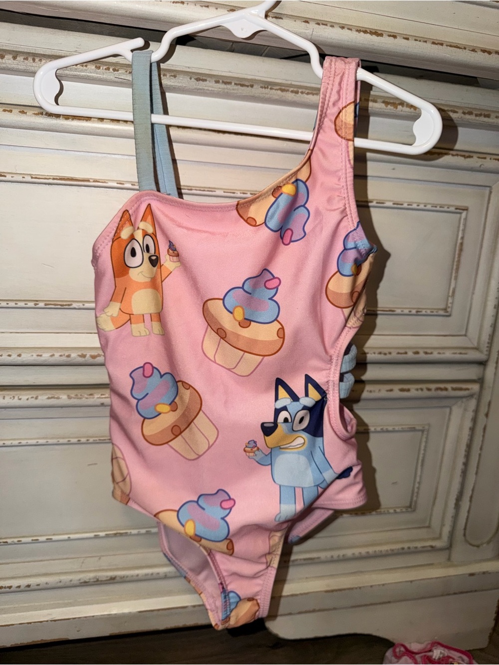 Bluey Girls Pink Cupcake Cartoon One-Shoulder Swimsuit